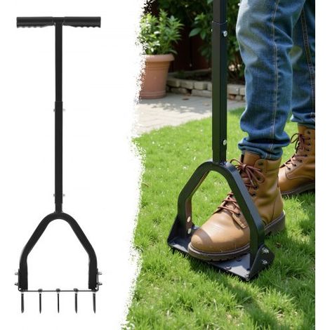 Aireador de Césped con Plataforma Ancha para Pies Soporta 90 kg, Mango Largo de 58 cm, 15 Púas de Acero de 6 cm, Herramienta de Aireación de Césped Manual para Jardín Zonas para Mascotas y Patio (1/5)
