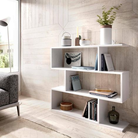Librairie basse double face, Étagère à trois compartiments, Étagère de bureau moderne, cm 110x24h97, Blanc brillant (1/5)