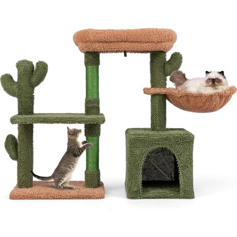 COSTWAY Árbol para Gatos, Torre para Gatos con Diseño de Cactus Verde con Condominio, Hamaca, Plataforma, Postes de Rascado de Sisal, Cojín Lavable, Árbol Rascador para Gatos (90 x 30 x 81 cm) (1/5)