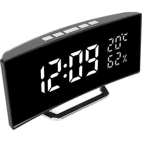 Horloge numérique incurvée avec rétroéclairage miroir LED, 3 niveaux de luminosité, horloge de bureau, affichage de la température et de l'humidité, lumière blanche.