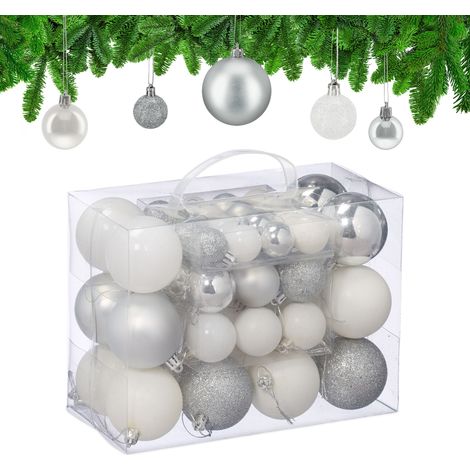 Relaxdays Palline di Natale, 50 Palle Albero, Addobbi Natalizi, Opache, Lucide e Glitter, ∅ 3, 4 e 6 cm, Argento Bianco