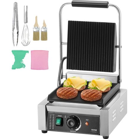 Parrilla para paninis comercial de 2200 W, acero inoxidable, control de temperatura, placa esmaltada de 35,5 x 22,9 cm, horno superior y placa inferior. (1/2)