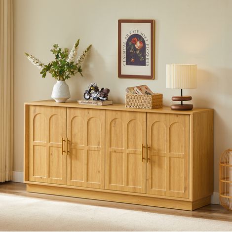Buffet 169x40x80 cm naturel en MDF avec portes cintrées et rangement modulable (1/5)