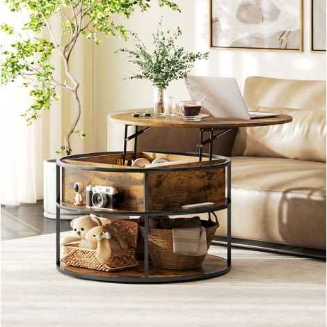 Table basse relevable ronde Ø80 cm, hauteur réglable 47 à 61,5 cm, avec rangement, brun HAVRYA