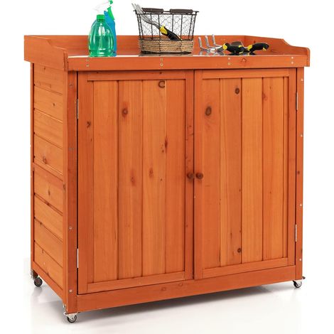 Costway – Armoire de jardin en bois sapin 2 en 1 – Étagère amovible – Acier galvanisé antirouille – 4 roues universelles – Dimensions 98,5x48x100cm (1/5)