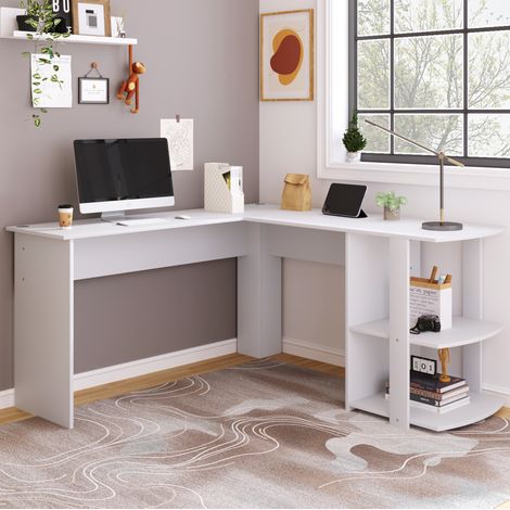 Eckschreibtisch L-Form 140x140 mit Ablagefach Weiß OKMYHOME (1/5)