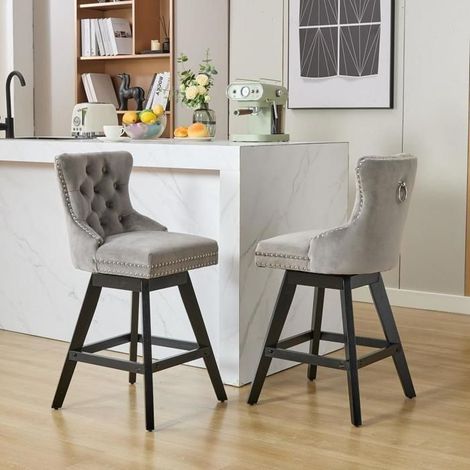 Tabouret de bar - KOMHTOM - Capitonné pivotant - Velours gris - Pieds bois massif - Pivot 360° (1/5)