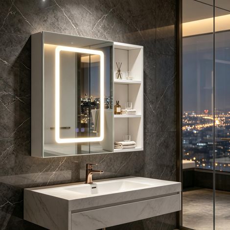 Mobiletto da bagno a parete 60 cm – Illuminazione tricolore – Sistema antiappannamento – Ripiani interni regolabili – Spazio aperto (1/5)