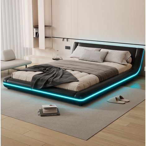 Lit au sol moderne 140x200 cm en PU et MDF noir avec éclairage LED périphérique et sommier à lattes (1/5)