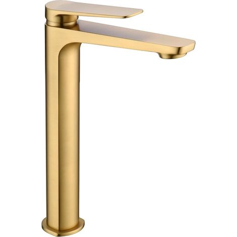 MIce - Grifo monomando con caño alto para lavabo fabricado en latón - grifo de lavabo caño largo apto para Agua frio/caliente Color Oro Cepillado (1/2)