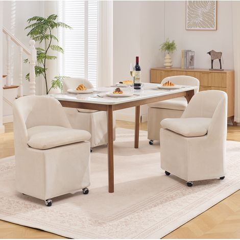 Set di 2 sedie da pranzo con ruote girevoli a 360°, senza braccioli, in ciniglia beige (1/5)