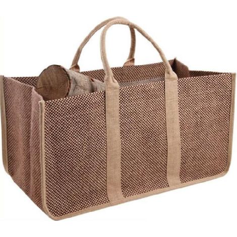 Sac à bûches marron deux nuances en toile de jute plastifié 30x60x40cm