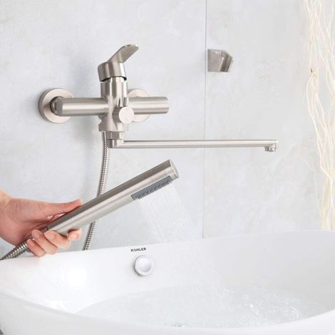 Badewannenarmatur mit Handbrause, runder Einhebel-Wandbrausemischer aus gebürstetem Edelstahl, Duscharmatur für Badezimmer (Ausziehlänge: 35 cm)