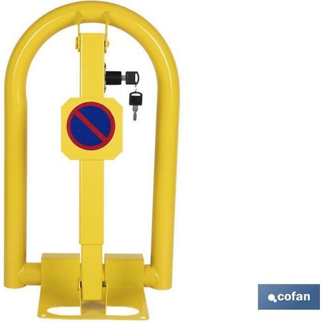 COFAN bloqueo parking amarillo 300x500 mm , Bloqueo de parking de color amarillo con cerradura integrada y adhesivo con el logo de prohibición de aparcamiento. Esta barrera para ap (1/4)