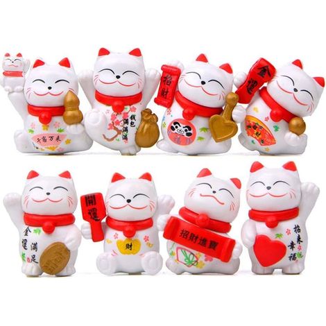 Figurines de chats porte-bonheur, lot de 8 mini Maneki Neko, chats porte-bonheur japonais, chats kawaii qui font coucou, pour la décoration intérieure de la maison, du bureau ou de la voiture. (1/5)