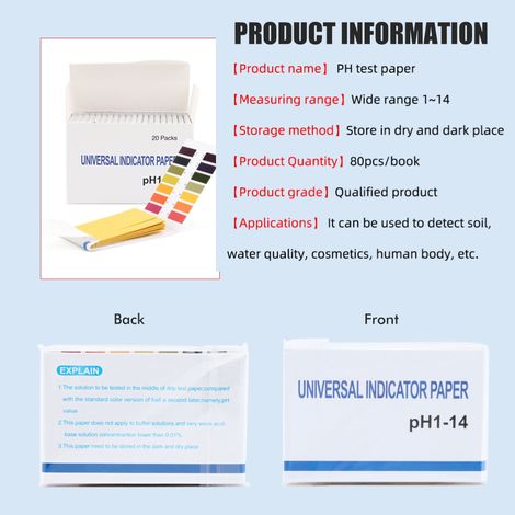Paquet de 20 paquets de 1600 bandelettes de papier test pH 1-14. Papier test complet pour l'analyse de l'eau, du sol et des aliments pour animaux. Surveillance du pH. (1/5)
