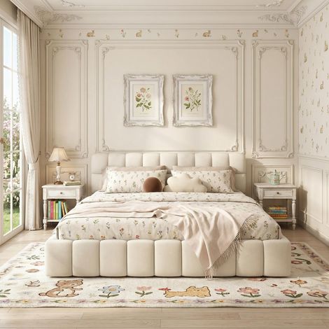 Lit adulte 140x190 cm, Lit double capitonné - avec dossier moelleux, cadre de lit, sommier à lattes, tête de lit, scandinave - Beige