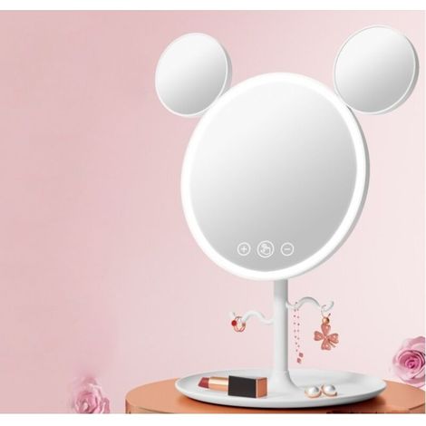 Simpatico specchio per il trucco a LED con orecchie da topo, porta gioielli e supporto, specchio da tavolo, specchio cosmetico con illuminazione a 3 colori, ideale per la cura quotidiana della pelle e