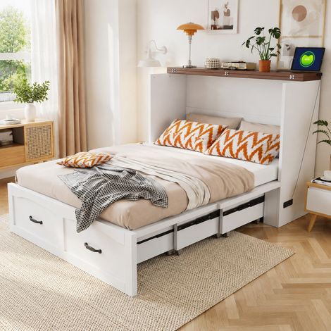 Cama abatible 140 x 200 cm con toma EU, estructura metálica, blanca, OKWISH (1/5)