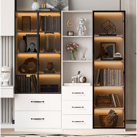 Vitrine LED 140 x 40 x 160 cm en panneaux de particules, verre gris, blanche (1/5)