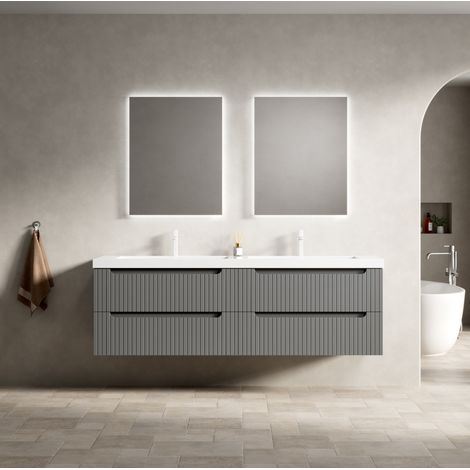 Mobile bagno sospeso 160 cm con doppio lavabo integrato in resina grigio scuro OKWISH (1/5)