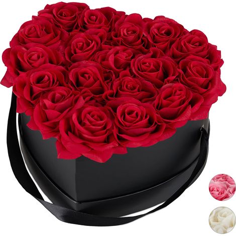 Relaxdays Heart Flower Box, 18 Faux Roses, Black Box, Last 10 Years, Great Gift, Decorative Bouquet, Red