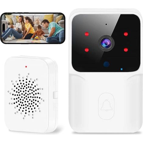 Générique Sonnette sans Fil Vidéo à Domicile Fil, Sonnette Etanche IP65 de 400 mètres, Interphone Bidirectionnel, WiFi 2.4G, Kit 1 Récepteur + 1 Émetteur, Salon, Bureau - Blanc (1/5)