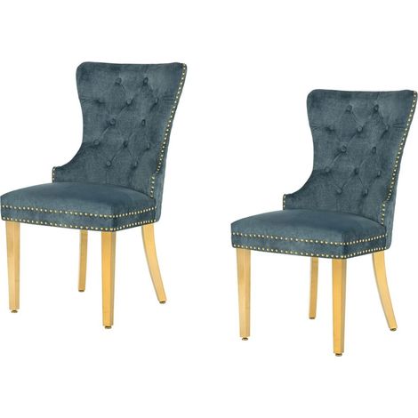 Lote de 2 sillas Chesterfield REGINA azul petróleo en terciopelo capitoné – Cabeza de león dorada, clavos decorativos y patas de acero (1/5)