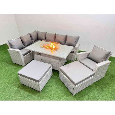 Fimous Rattan Corner Sofa Chair Set Outdoor Furniture Garden Dining Sets Gas Fire Pit Table with Temper Glass 2 Big Footstools Light Grey Mixed (1/5)
