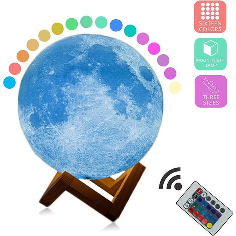 Lampe de table Lune imprimée en 3D, lampe créative, veilleuse (télécommande + tactile, 16 couleurs) (1/5)