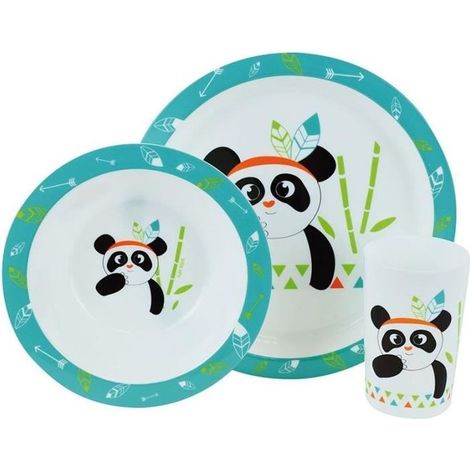 Indian Panda ensemble repas incluant 1 verre 220 ml, 1 assiette et 1 bol micro-ondables pour enfant