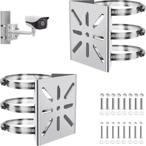 2 Set Acier Inoxydable avec Réglables 6 Boucles 20 cm pour Caméras CCTV Support Camera Exterieur Support Poteau Vertical Caméra Universel Montage sur Poteau Vertical Support d’Angle Montage