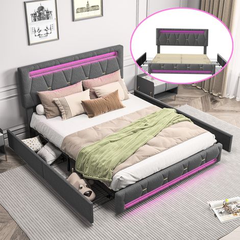 Doppelbett 140x200, Doppelbett mit LED-Beleuchtung, Polsterbett mit 4 Schubladen, Lattenrost, verstellbares Kopfteil, Grau