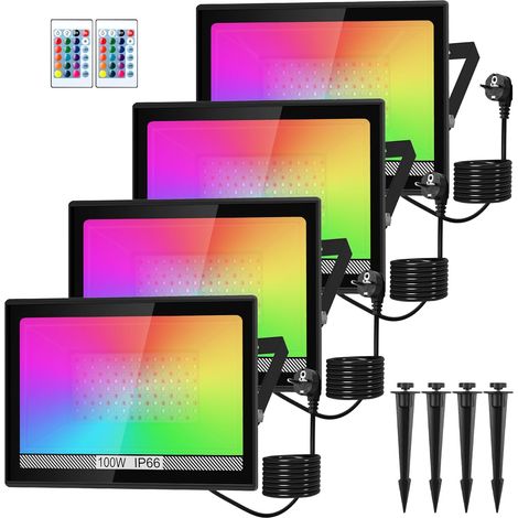 4 Projecteur LED, RGB 100W, Étanche IP66, Aluminium, Télécommande, Jardin