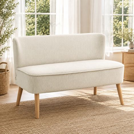 Sofá 2 plazas sin reposabrazos, efecto terciopelo acanalado, patas de madera, crema DESVIAE (1/5)