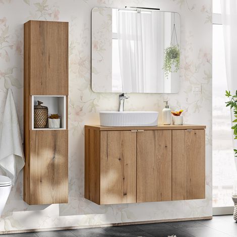 Badmöbel Set 3-teilig, 90cm Waschtisch, in Eiche und weiß, NEWPORT-56-OAK (1/5)