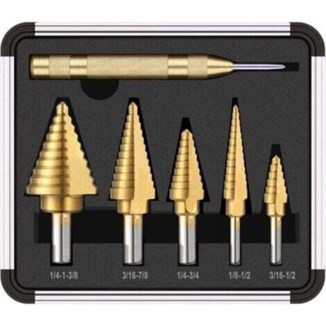 [NEVER USED] Stepped drill bits, 5 pieces, 1 automatic center punch, titanium-coated double-slotted conical drill bit with case