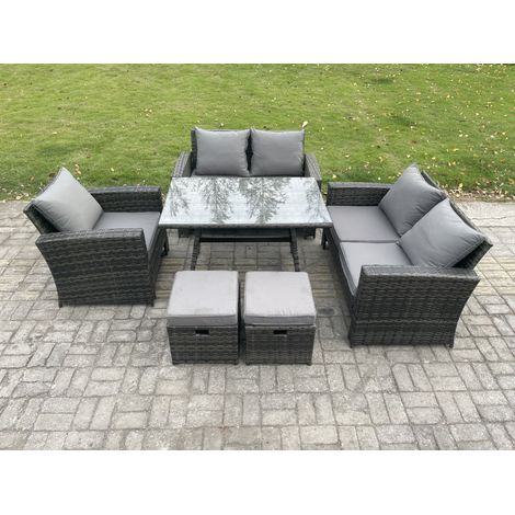 Fimous Wicker PE Rattan Garden Dining Set Outdoor Furniture Sofa with Rectangular Dining Table Love Seat Sofa 2 Small Footstools Dark Grey Mixed (1/5)
