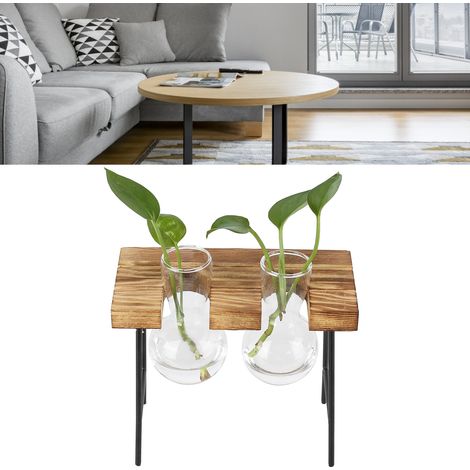 Vase hydroponique avec support bois et 2 bocaux verre borosilicate pour bureau et jardin (1/5)