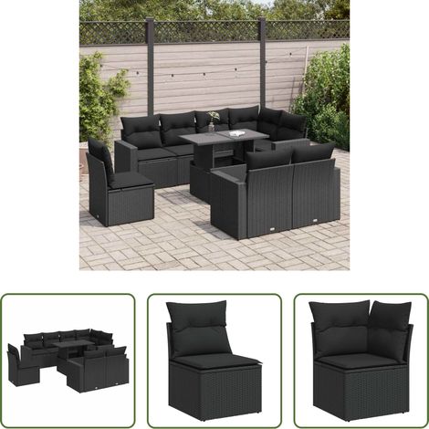 vidaXL Canapé en résine - Salon de jardin 9 pcs avec coussins noir résine tressée (1/5)