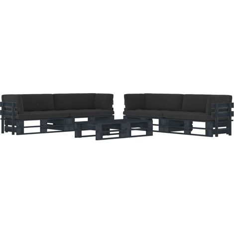 Salon de jardin palette 6pcs avec coussins Pin imprégné de noir (1/2)