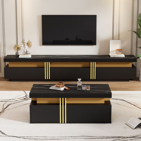 Ensemble meuble TV mural noir multifonction, table basse et meuble de salon intégré, design épuré 200x40x42cm (1/5)