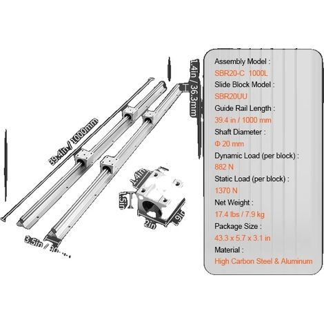 Rails de Guidage Linéaires, Haute Précision, Fonctionnement Silencieux, SBR20 1000MM (1/2)