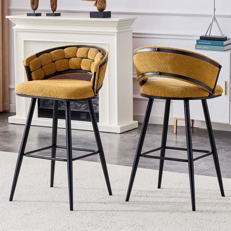 Lote de 2 taburetes de bar de terciopelo amarillo con patas de metal negro, 56 x 44 x 86 cm (1/5)