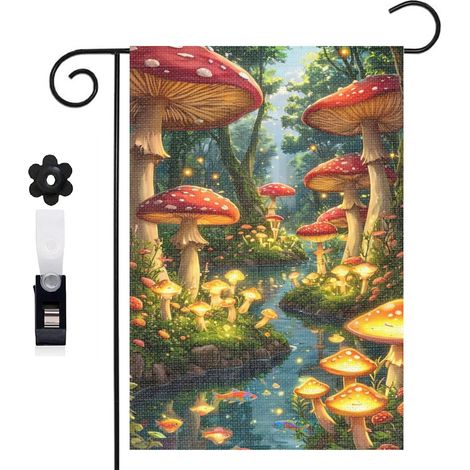 Drapeau de jardin décoratif 30 x 45 cm motif champignons et paysage forestier toile double face (1/5)