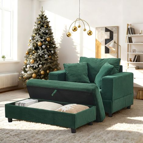 Chaise longue repose-pieds rangement 3 coussins vert émeraude (1/5)