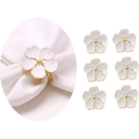 Lot de 6 ronds de serviette blancs motif fleur pour décoration de table mariage réception et événements (1/5)