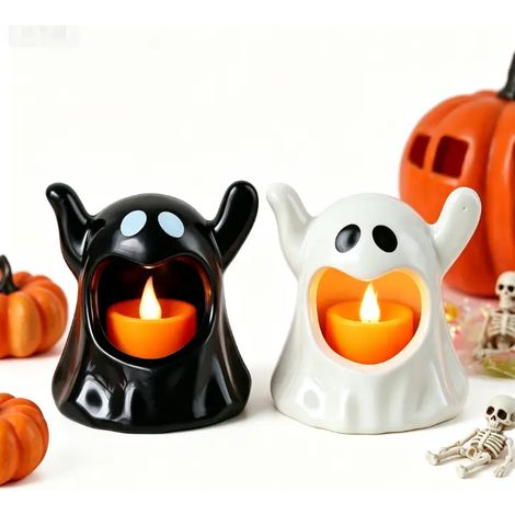 Décoration fantôme d’Halloween avec bougie LED, photophore fantôme lumineux, 2  noir et blanc (1/5)