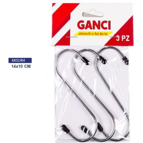 Trade Shop - SET 3 GANCI GANCI GANCIO S MULTIUSO ACCIAIO MIT GOMMINO 14X10CM -