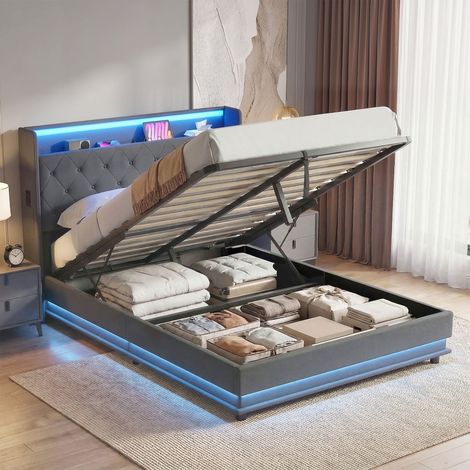 Coffre de lit 140x190 cm avec lumière LED, station de recharge, sommier double capitonné en lin, coffre de rangement à vérin hydraulique, gris (1/5)